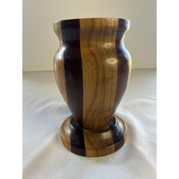 Vintage MCM Segmented Multi Wood Mosaic Two Tone POT‎ Nature Wooden Dark Light - Picture 3 of 10